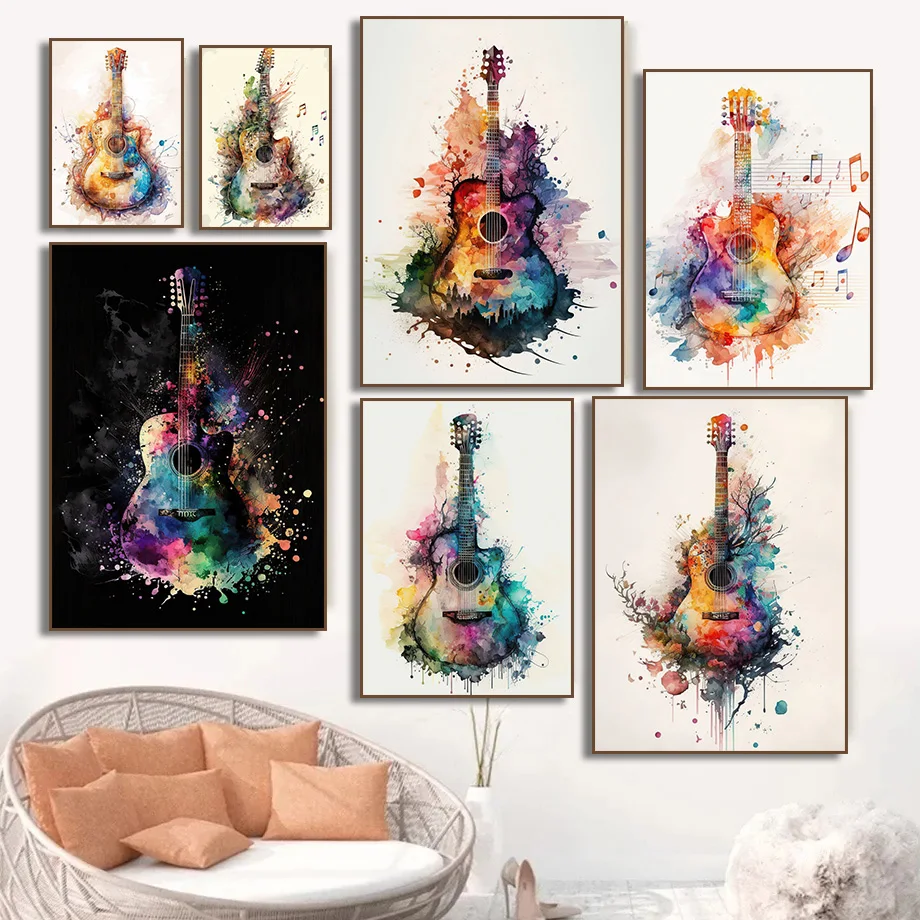 Picture Of Musical Instrument - (Zonder lijst) Muziekinstrument Gitaar Aquarel Kunstposter