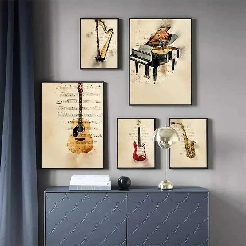 Picture Of Musical Instrument - Muziekinstrument Piano Gitaar Vintage Stijl Print